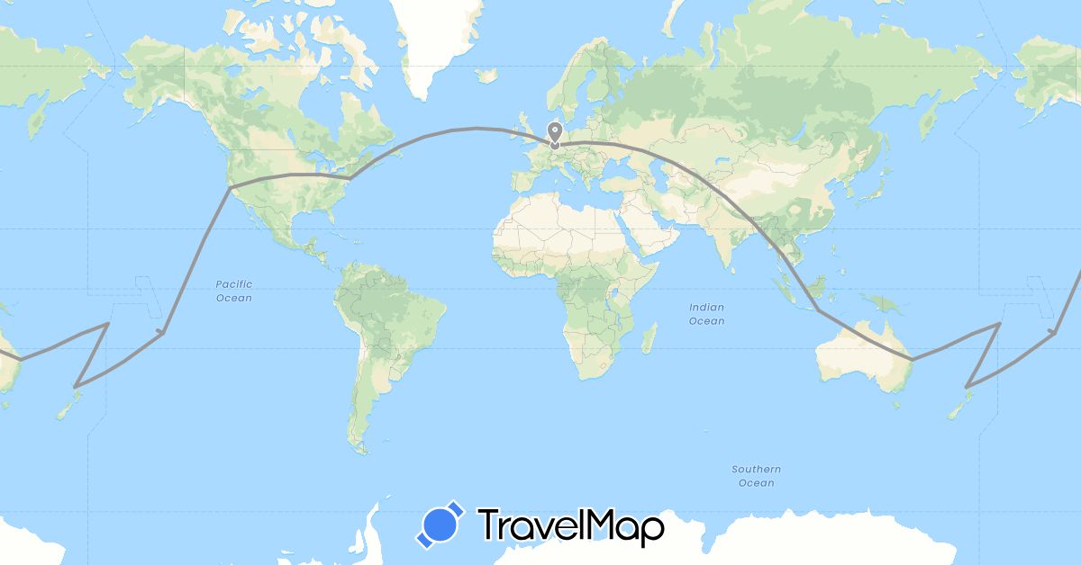 TravelMap itinerary: driving, plane in Australia, Germany, Fiji, Indonesia, New Zealand, French Polynesia, Thailand, United States, Samoa (Asia, Europe, North America, Oceania)